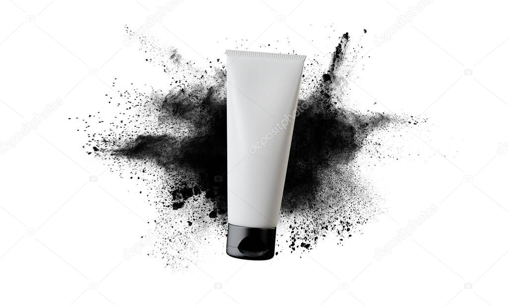 White cosmetics tube mock up with exploding powder background. 3D Rendering