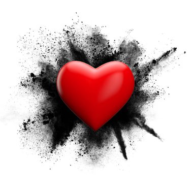 Red love heart against a grunge powder explosion. 3D Rendering