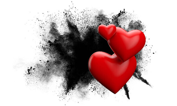 Red love heart against a grunge powder explosion. 3D Rendering