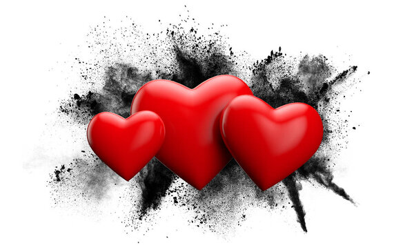 Red love heart against a grunge powder explosion. 3D Rendering