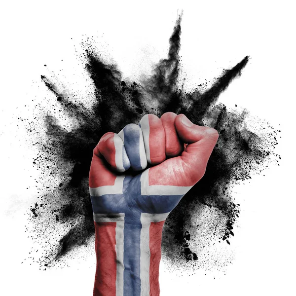 Norvegia sollevato pugno con esplosione di polvere, potenza, concetto di protesta — Foto Stock