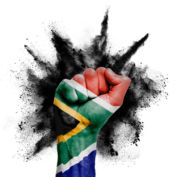 Zuid-Afrika opgeheven vuist met poeder explosie, macht, protest concept — Stockfoto