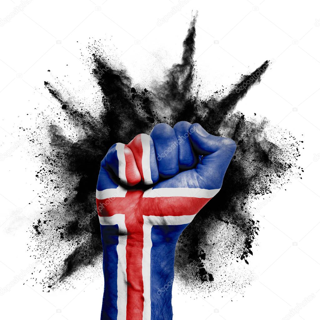 Iceland raised fist with powder explosion, power, protest concept