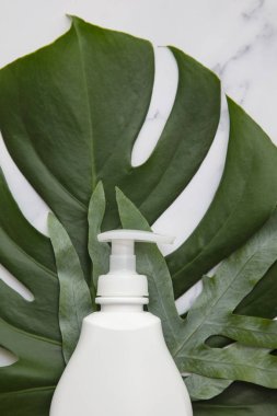 Blank white cosmetic products on a marble background with tropical palm leaf