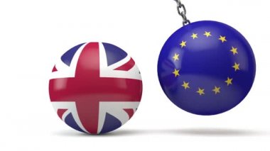 Brexit konsepti. Avrupa Birliği 'nin yıkım topu Uk topunu ezdi. 3d Hazırlama