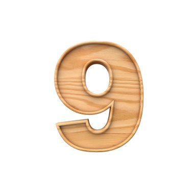 Wooden number 9 symbol. 3D Rendering