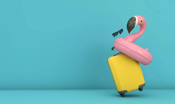 Fondo de vacaciones de verano con maleta y flamenco rosa. Renderizado 3D —  Fotos de Stock