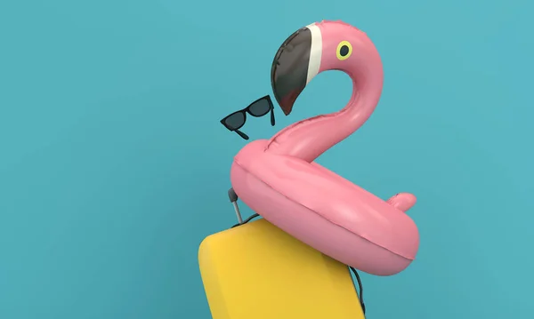 Sommerurlaub Hintergrund mit Koffer und rosa Flamingo. 3D-Darstellung — Stockfoto