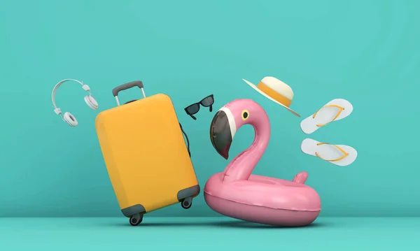 Fondo de vacaciones de verano con maleta y flamenco rosa. Renderizado 3D —  Fotos de Stock