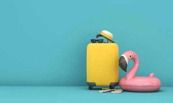 Летний отдых фон с чемоданом и розовым фламинго. 3D рендеринг — стоковое фото