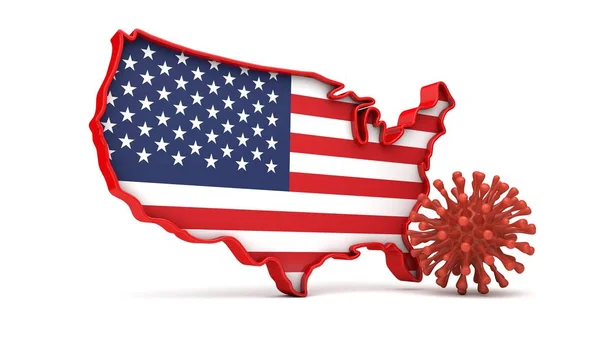 Map of United States of America with a virus microbe. 3D Rendering — 图库照片