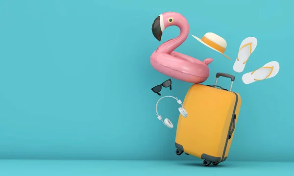Summer holiday background with suitcase and pink flamingo. 3D Rendering — ストック写真