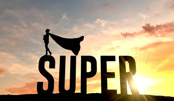 Silhouette of superhero woman stood on the word super. 3D Rendering — ストック写真