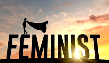 Silhouette of superhero woman stood on the word feminist. 3D Rendering