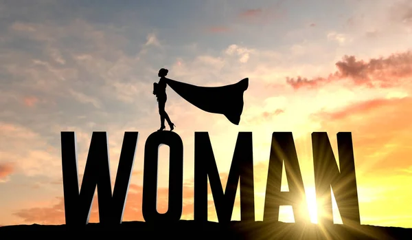 Silhouette of superhero woman stood on the word woman. 3D Rendering — Stok fotoğraf