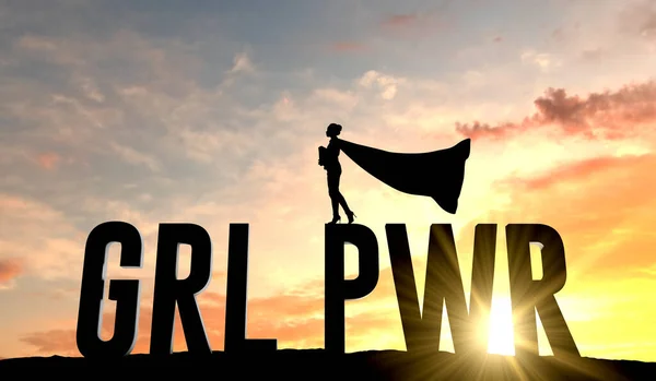Silhouette of superhero woman stood on the word grl pwr. 3D Rendering — Stockfoto