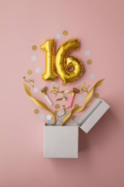 Number 16 birthday balloon celebration gift box lay flat explosion clipart