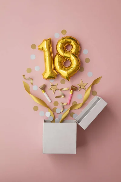 Number 18 birthday balloon celebration gift box lay flat explosion — 스톡 사진