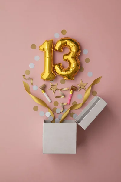 Number 13 birthday balloon celebration gift box lay flat explosion — 스톡 사진