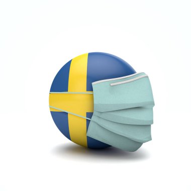 İsveç bayrağı ve koruyucu yüz maskesi. Roman Coronavirus konsepti. 3d Hazırlama