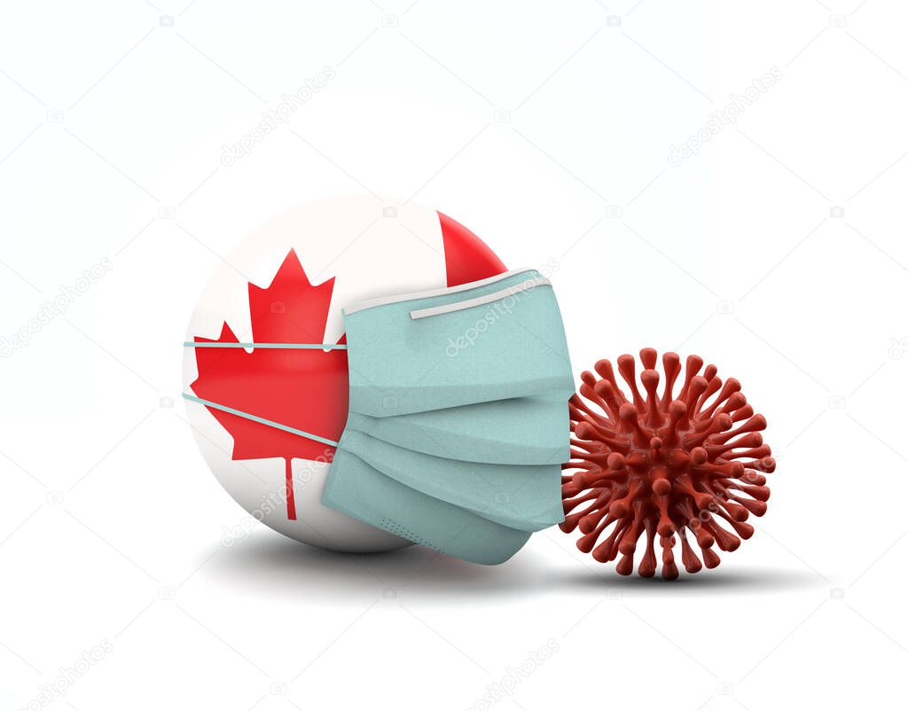 Canada flag with protective face mask. Novel coronavirus concept. 3D Render