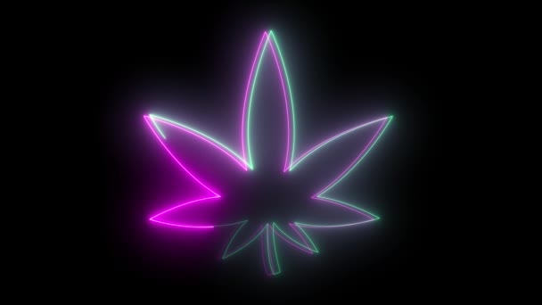 Hoja de cannabis con marihuana de neón sobre fondo negro. Renderizado 3D — Vídeos de Stock