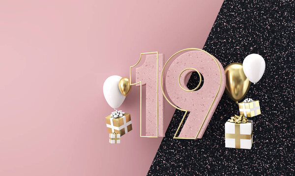 Happy 19th birthday party celebration. Modern marble composition 3D Render