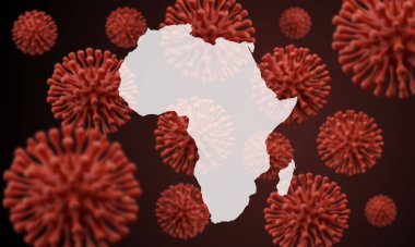 Afrika haritası bilimsel bir virüs mikrop arka planında. 3B Hazırlama