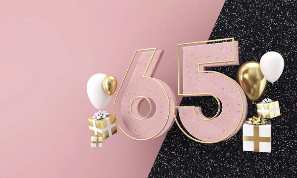 Felice festa di 65esimo compleanno. Moderna composizione in marmo 3D Render — Foto Stock