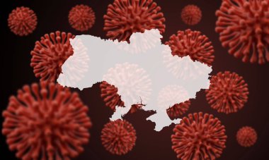 Bilimsel virüs mikrop arka planında Ukrayna haritası. 3B Hazırlama