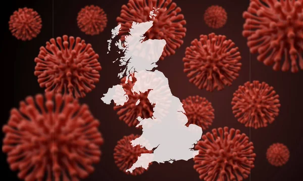 Britská mapa na pozadí vědeckého viru mikrobů. 3D vykreslování — Stock fotografie