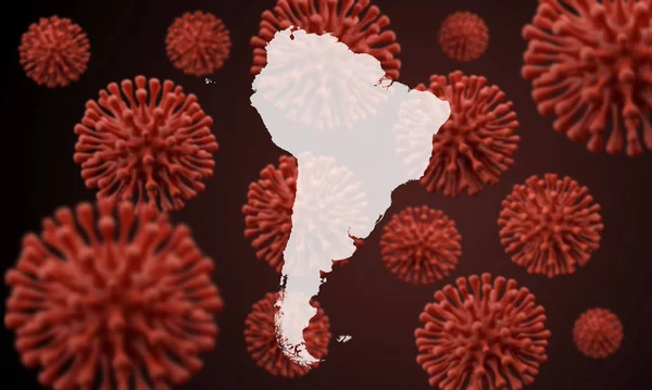 Mapa Ameryki Południowej nad naukowym mikrobem wirusa. Renderowanie 3D — Zdjęcie stockowe