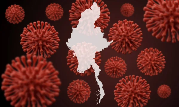 Mapa Związku Myanmar na tle mikrobów naukowych. Renderowanie 3D — Zdjęcie stockowe