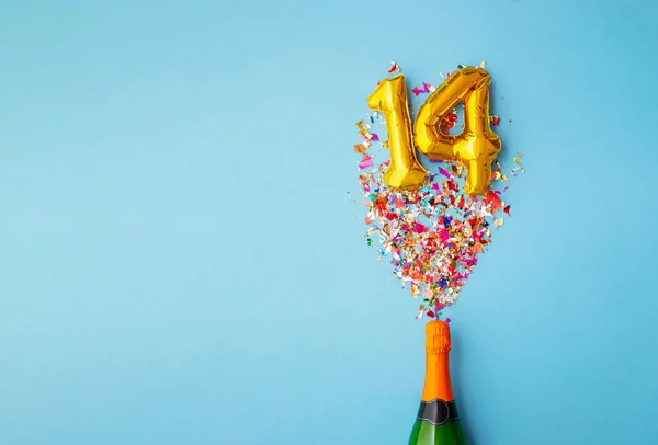 14-årsjubileum champagne flaska ballong pop — Stockfoto