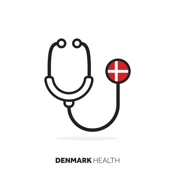 Σχέδιο υγειονομικής περίθαλψης της Δανίας. Ιατρικό στηθοσκόπιο με σημαία χώρας — Διανυσματικό Αρχείο