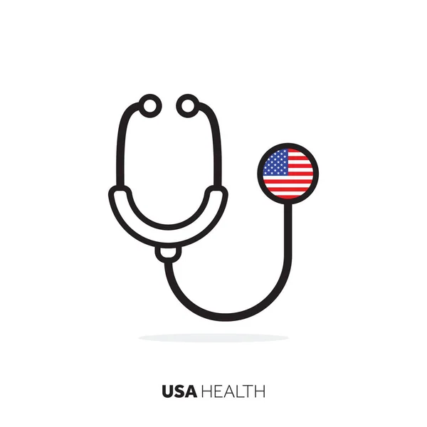 Usa έννοια υγειονομικής περίθαλψης. Ιατρικό στηθοσκόπιο με σημαία χώρας — Διανυσματικό Αρχείο