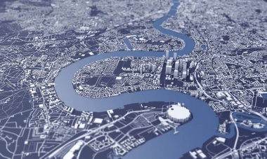 Londra şehir haritası 3D görüntüleme. Hava uydu görüntüsü.