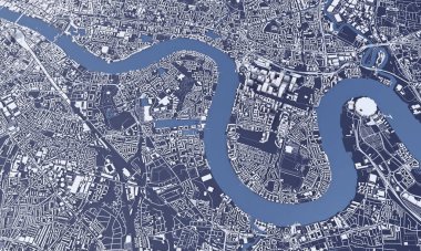 Londra şehir haritası 3D görüntüleme. Hava uydu görüntüsü.