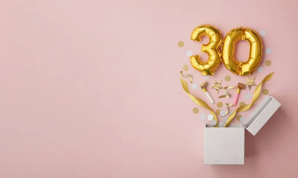 Number 30 birthday balloon celebration gift box lay flat explosion — 스톡 사진
