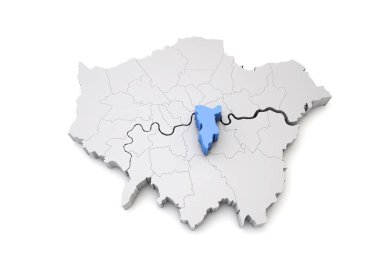Büyük Londra haritası, Southwark semtinin maviliğini gösteriyor. 3d Hazırlama