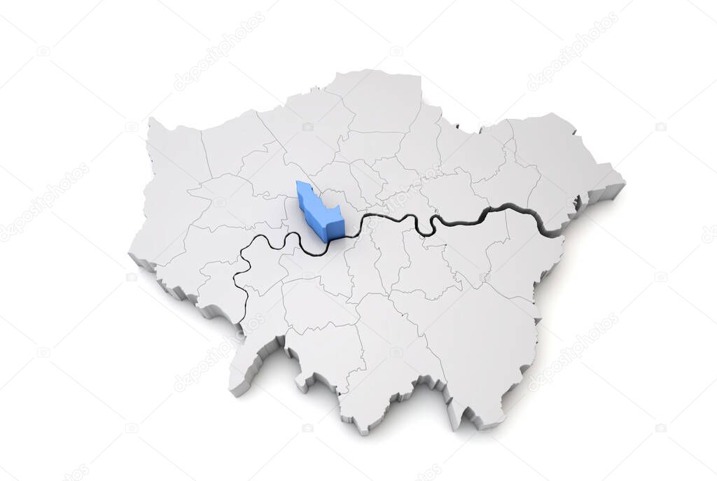 Greater London map showing Kensington and Chealsea borough in blue. 3D Rendering