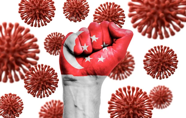 Singapore flag fist fighting off coronavius disease — Stok Foto