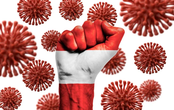 Austria flag fist fighting off coronavius disease — Stock Photo, Image