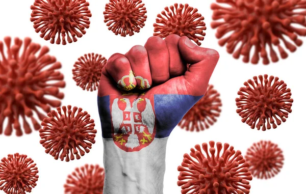 Serbia flag fist fighting off coronavius disease — Stock Photo, Image