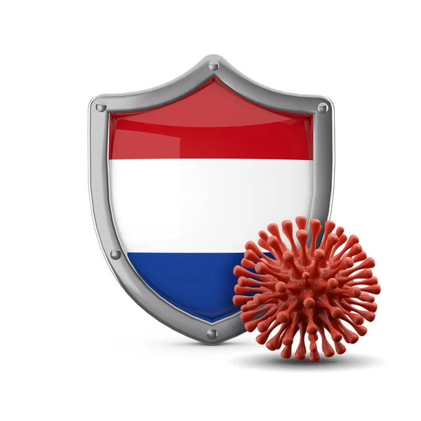 Holanda bandeira escudo proteção contra uma bactéria de vírus. Renderização 3D — Fotografia de Stock