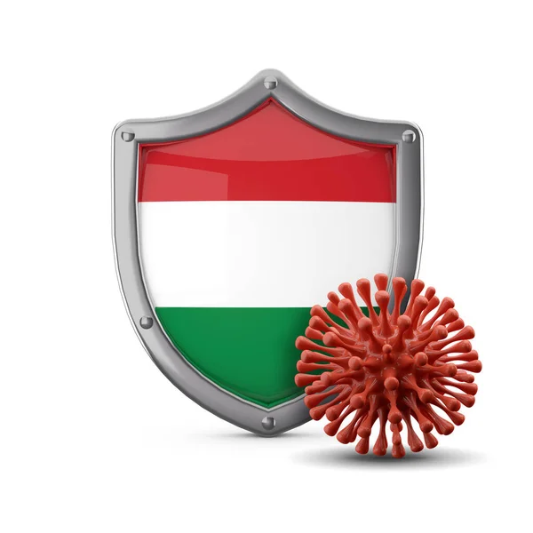Magyarország zászlórúd védelem egy vírusbaktérium ellen. 3d Renderelés — Stock Fotó