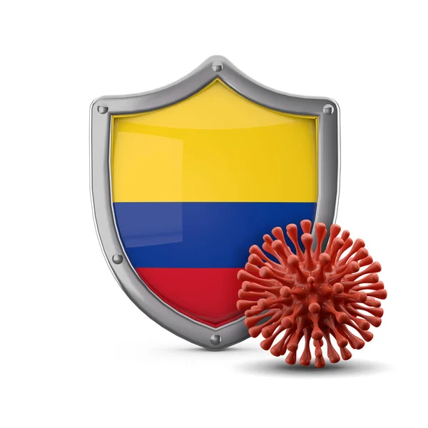 Colombia protezione scudo bandiera contro un virus batterico. Render 3D — Foto Stock