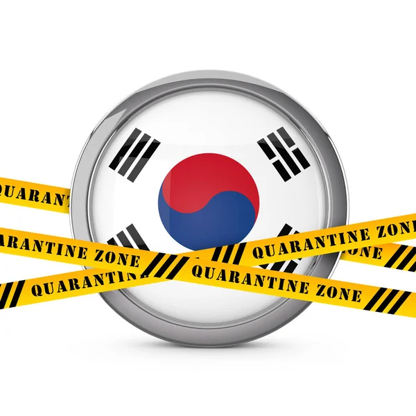 Dél-Korea zászlaja sárga karantén figyelmeztető szalaggal. 3d Renderelés — Stock Fotó