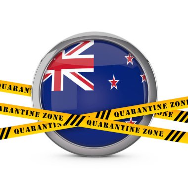 Sarı karantina uyarı bandı olan Yeni Zelanda bayrağı. 3d Hazırlama