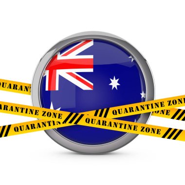 Sarı karantina uyarı bandıyla Avustralya bayrağı. 3d Hazırlama